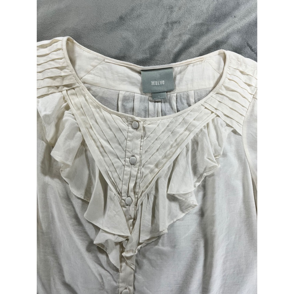 Maeve by Anthropologie Button Down Ruffle Cotton Blend Blouse Ivory White Size 4 - Picture 2 of 5